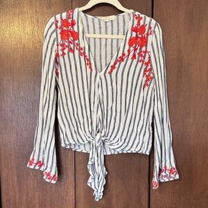 lovestitch White & Blue Striped Tie-Front Top with Red Floral Embroidery